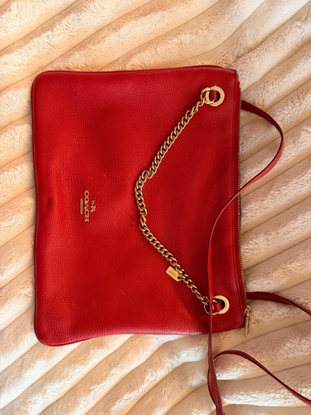 Coach Red Pebbled Leather Shoulder Bag with Gold Chain